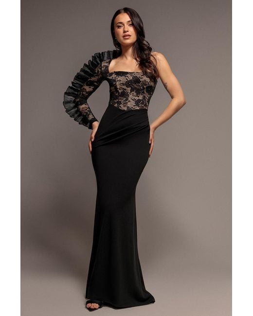 Goddiva Blue One Shoulder Organza Fan Detail Lace Bodice Maxi Dress