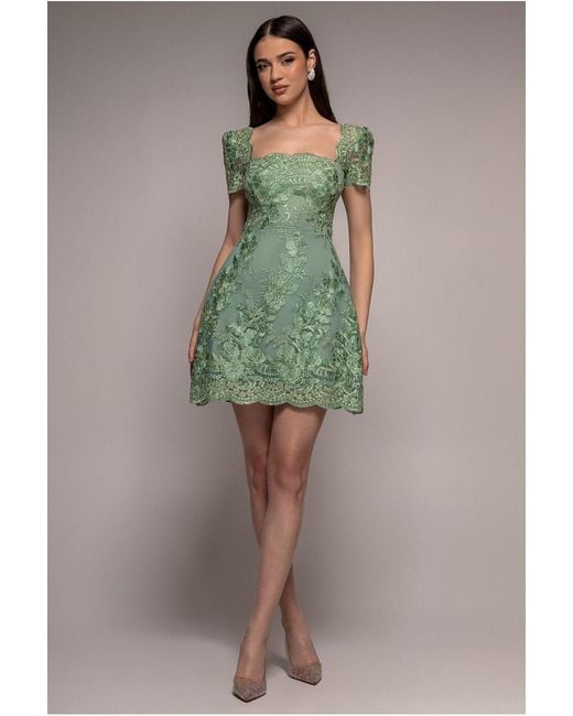 Goddiva Green Scallop Edge Corset Back Structured Lace Mini Dress