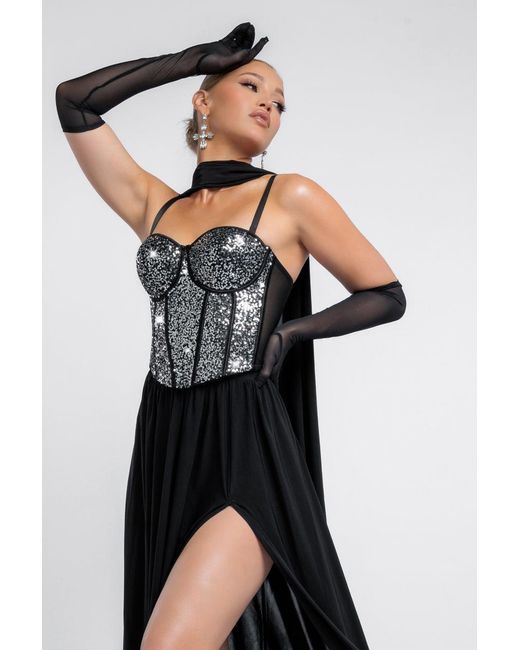 Goddiva Black Sequin Corset Side Split Jersey Maxi Skirt With Scarf & Stretch Mesh Gloves