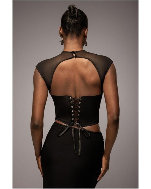 Goddiva Black High Neck Open Back Lace Up Scuba Corset Top