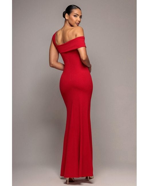 Goddiva Red Off The Shoulder Pleated Waist Maxi Dress