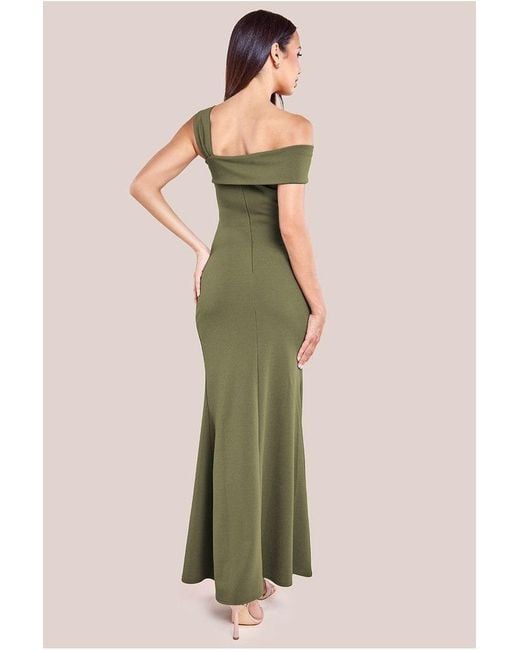 Goddiva Green Off The Shoulder Pleated Waist Maxi Dress