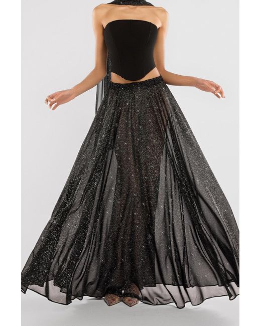 Goddiva Black Compact Crepe Lace Up Corset With Gathered A-Line Glitter Chiffon Maxi Skirt & Scarf