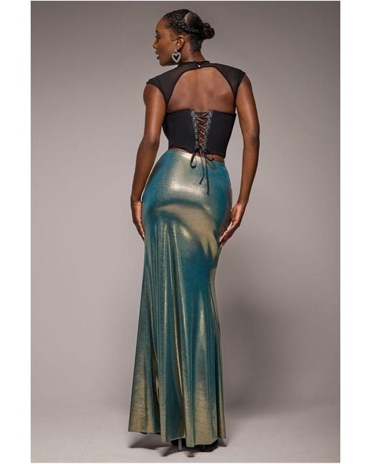 Goddiva Metallic Gathered Front Dipped Waist Foil Maxi Skirt