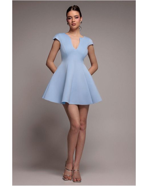 Goddiva Blue Cap Sleeve Plunging V-Neckline Skater Mini Dress
