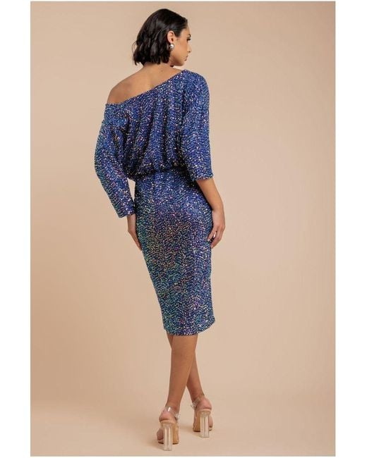 Goddiva Blue Sequin Cowl Neck Midi Dress