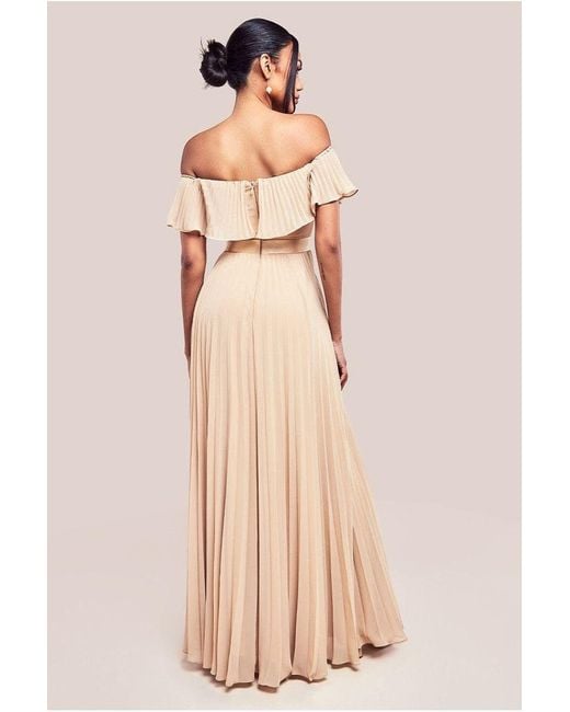 Goddiva Natural Pleated Chiffon Off Shoulder Maxi Dress