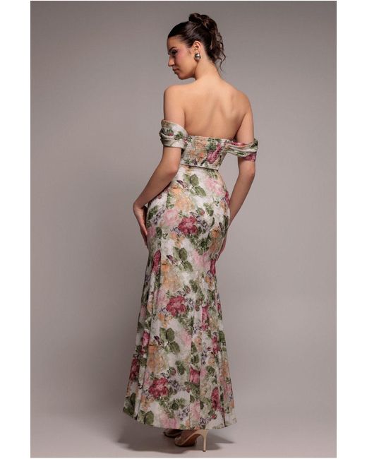 Goddiva Natural Cowl Neck Floral Print Jacquard Chiffon Maxi Dress