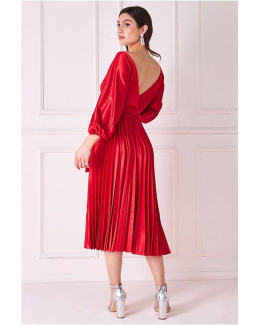 Goddiva Red Satin Pleated Skirt Wrap Midi Dress