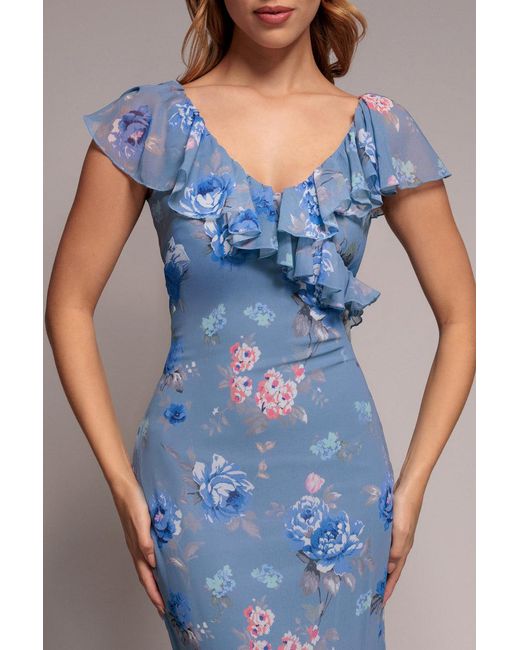 Goddiva Blue Floral Printed Chiffon Ruffle Maxi