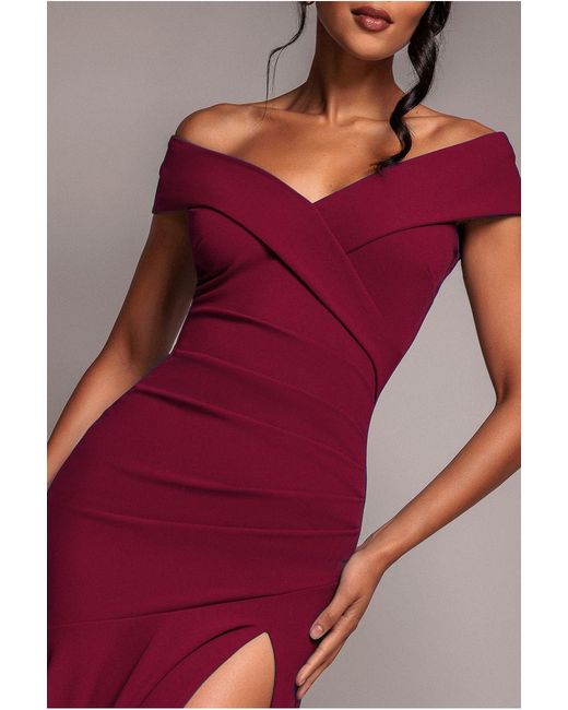 Goddiva Red Scuba Crepe Off Shoulder Front Split Maxi Dress