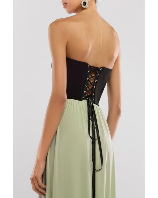 Goddiva Green Compact Crepe Lace Up Corset With Side Split Jersey Maxi Skirt & Scarf