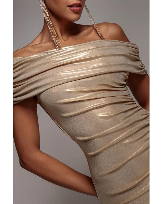 Goddiva Brown Foil Pleated One Shoulder Bardot Fit And Flare Maxi Dress