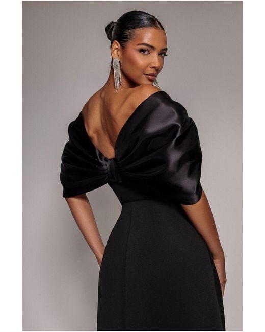 Goddiva Gray Off Shoulder Back Satin Bow Scuba Mini Dress