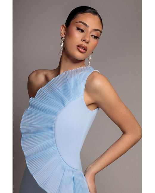 Goddiva Gray One Shoulder Pleated Fan Midi Dress