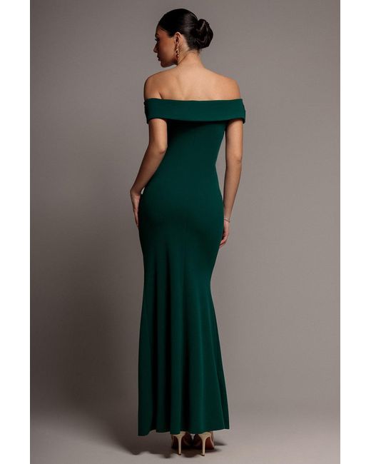 Goddiva Green Off The Shoulder Maxi Dress With Split