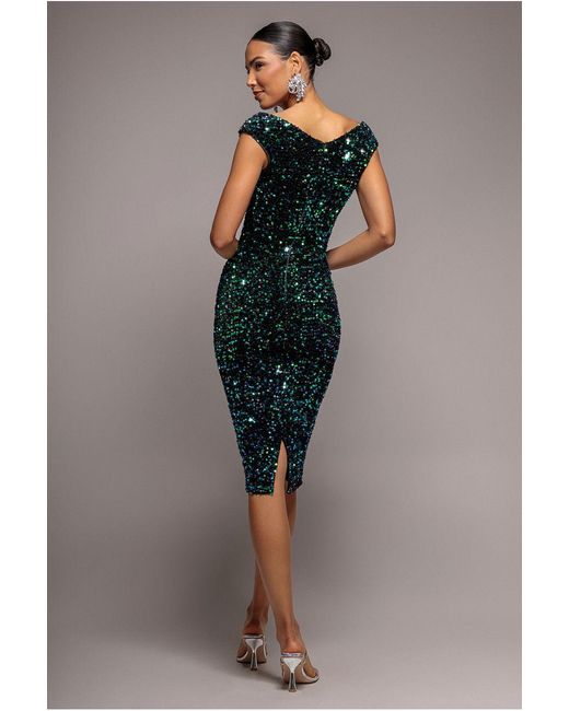 Goddiva Green Multi Sequin & Velvet Bardot Midi
