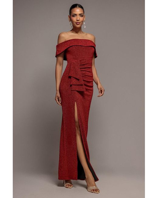 Goddiva Red Sparkle Bardot Maxi With Waterfall Ruffle