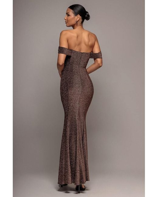 Goddiva Brown Lurex Cowl Neck Off The Shoulder Maxi Dress
