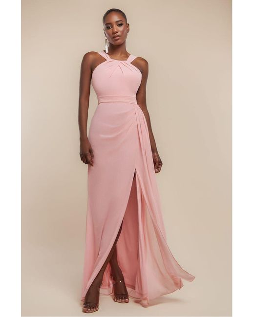 Goddiva Pink Halterneck Thigh Split Chiffon Maxi Dress