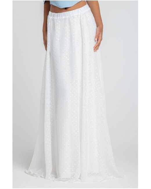 Goddiva White Embroidered Lace Corset Polka Dobby Chiffon A-Line Maxi Skirt With Scarf & Gloves