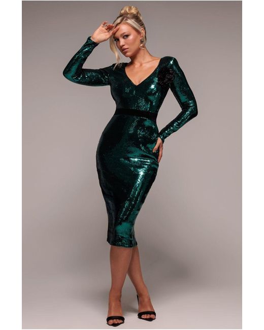 Goddiva Blue Liquid Sequin Midi With Corsage