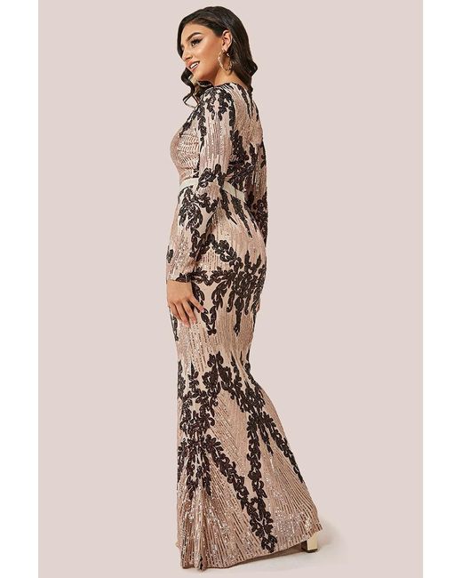 Goddiva Multicolor Long Sleeve Sequin Evening Maxi Dress