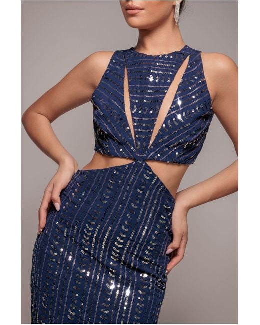 Goddiva Blue Patterned Sequin Cut Out Midi Dress
