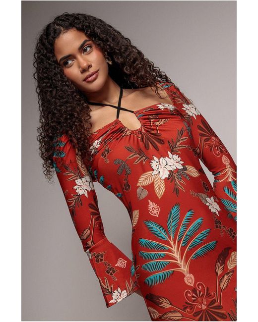 Goddiva Red Printed Tie Back Midi Dress