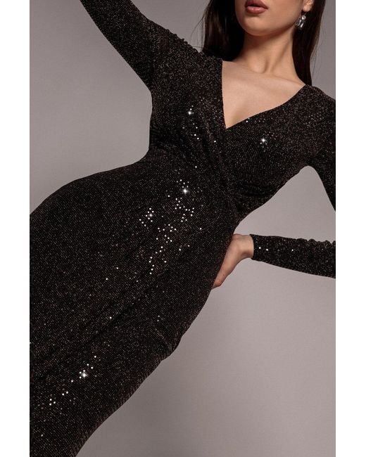 Goddiva Black Sequin Glitter Lurex Long Sleeve Wrap Maxi Dress