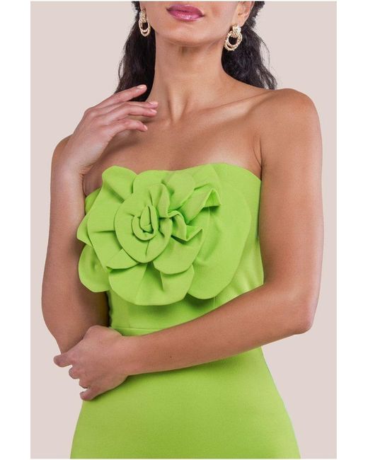 Goddiva Green Scuba Crepe Bandeau Rose Maxi Dress
