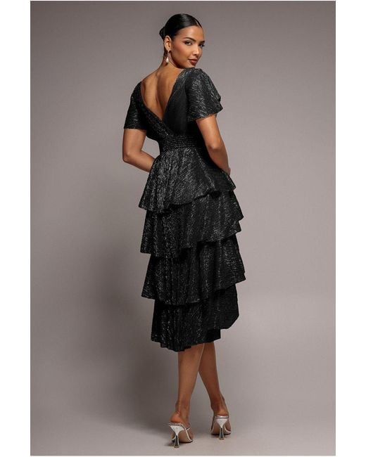 Goddiva Black Crinkle Lurex High Low Layered Midi Dress