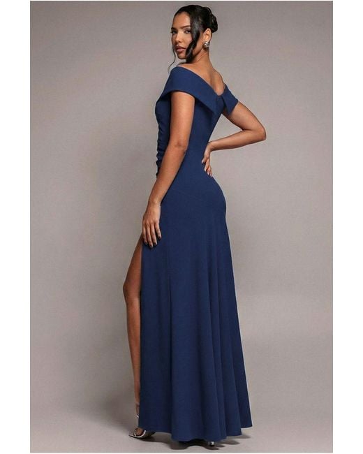 Goddiva Blue Scuba Crepe Off Shoulder Front Split Maxi Dress