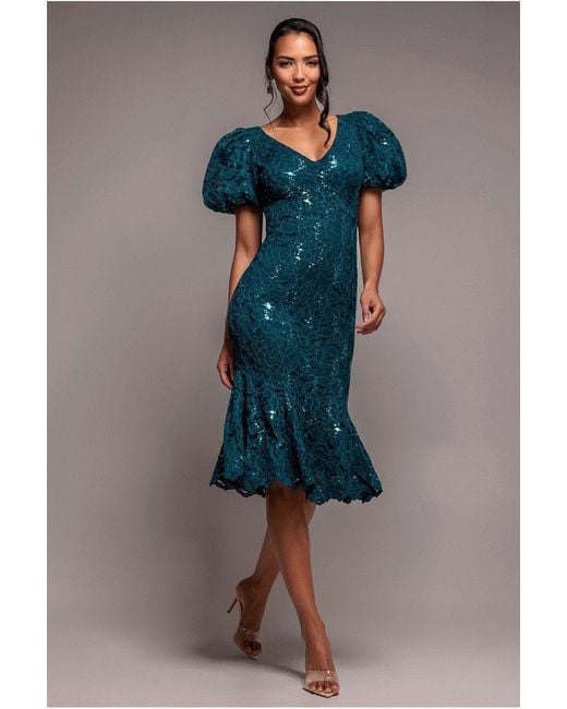 Goddiva Blue Sequin Lace Puff Sleeve Fit & Flare Midi Dress