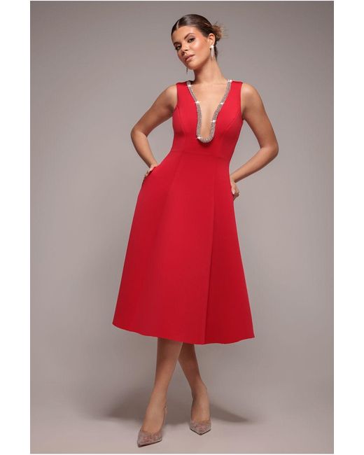 Goddiva Red Diamante Embellished Neck A-Line Midi Dress