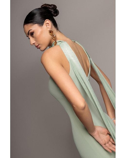 Goddiva Gray Scuba & Soft Satin Halterneck Maxi Dress With Back Sash