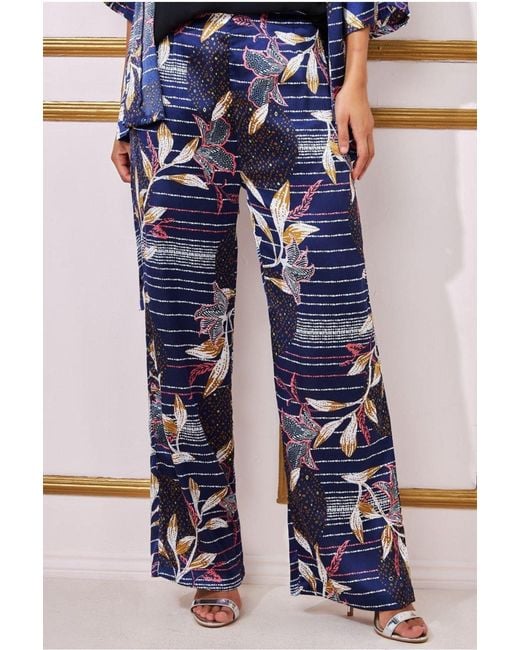 Goddiva Blue Printed Satin Wide Leg Trouser