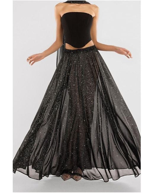 Goddiva Black Compact Crepe Lace Up Corset With Gathered A-Line Glitter Chiffon Maxi Skirt & Scarf