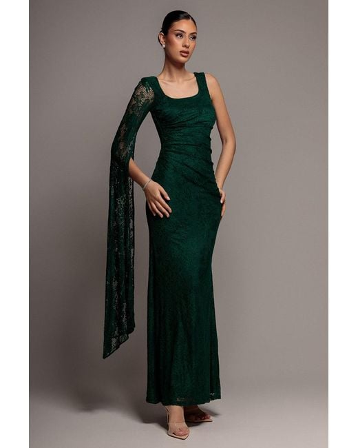 Goddiva Green One Shoulder Cape Sleeve Pleated Lace Maxi Dress