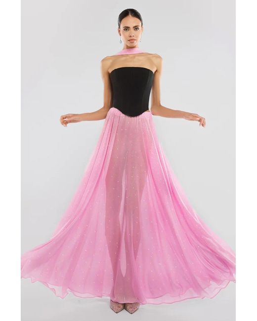 Goddiva Pink Compact Crepe Lace Up Corset With Gathered A-Line Glitter Chiffon Maxi Skirt & Scarf