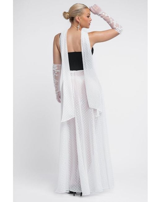 Goddiva White Milk Maid Corset Polka Dobby Chiffon A-Line Maxi Skirt With Scarf & Gloves