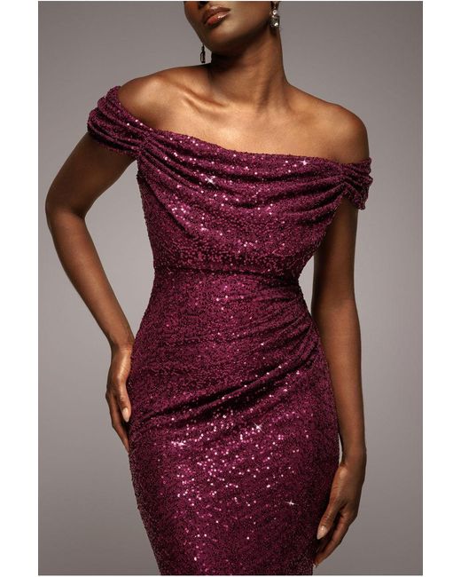 Goddiva Red Cap Sleeve Iridescent Sequin Cowl Maxi Dress