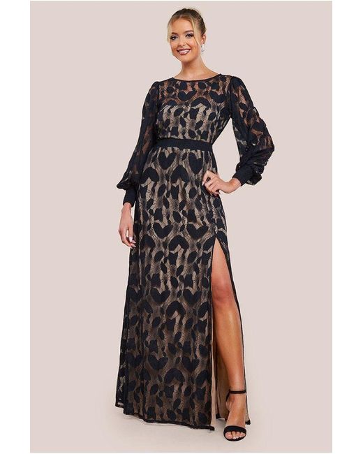 Goddiva Black Lace Front Split Long Sleeve Maxi Dress
