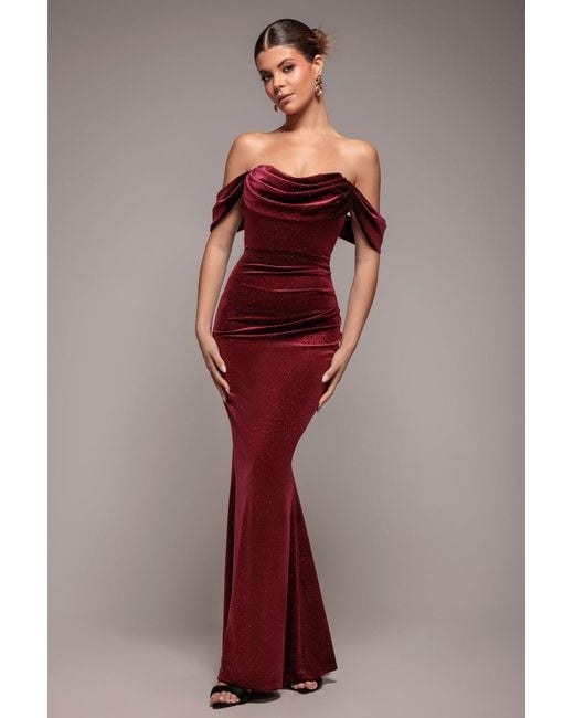Goddiva Red Glitter Velvet Cowl Neck Pleated Waist Maxi Dress