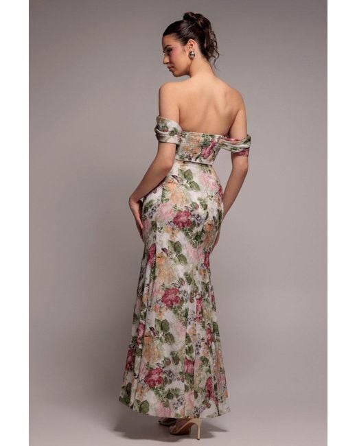Goddiva Natural Cowl Neck Floral Print Jacquard Chiffon Maxi Dress