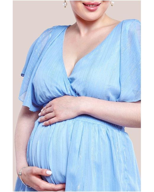 Goddiva Blue Maternity Plain Lurex Chiffon Tiered Midi Dress