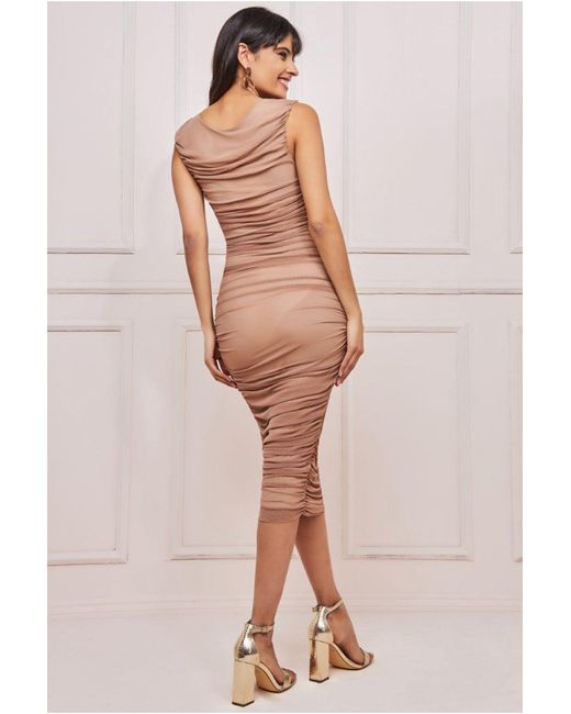 Goddiva Natural Naked Ruched Bodycon Midi Dress