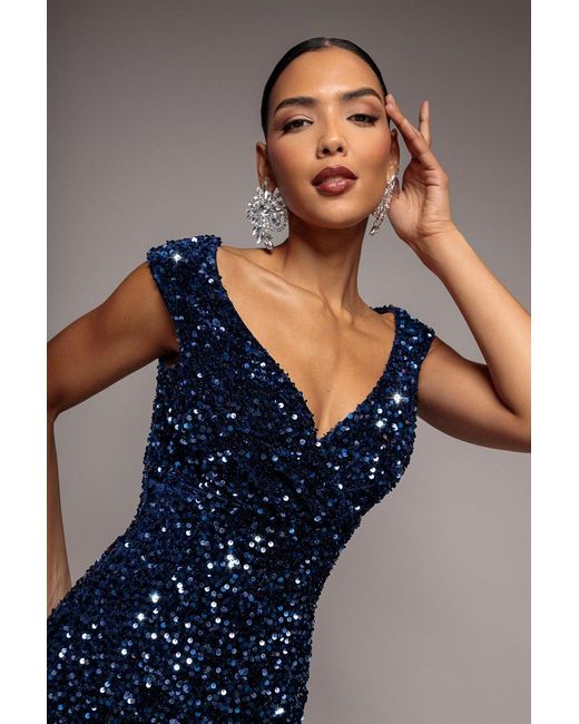 Goddiva Blue Multi Sequin & Velvet Bardot Midi Dress