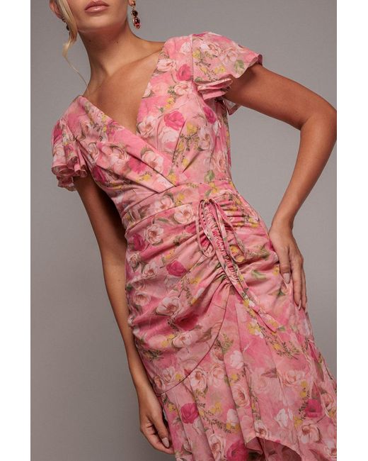 Goddiva Pink Floral Wrap High And Low Midaxi Dress