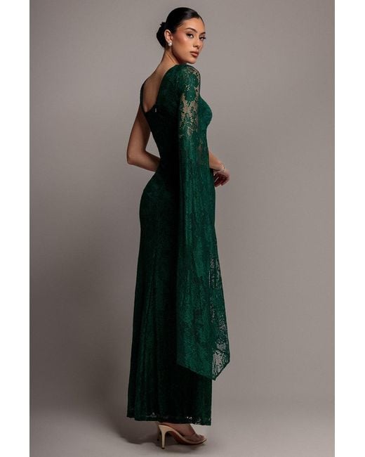 Goddiva Green One Shoulder Cape Sleeve Pleated Lace Maxi Dress